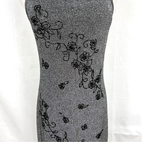 Vintage Silver Maxi Slip Dress 90's Jr Sz 9/10 Beaded Metallic Sparkle Stretch - Picture 3 of 7